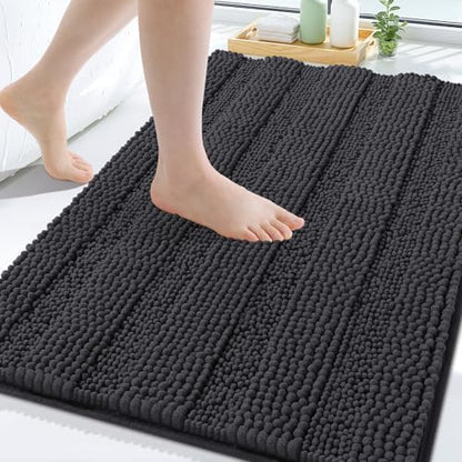 Grandaily Chenille Striped Bathroom Rugs 47x32, Extra Thick and Soft Absorbent Bath Mats, Rubber Backing, Plush Shaggy Shower Carpet, Machine Wash Dry, Bath Rug for Bathroom, Charcoal