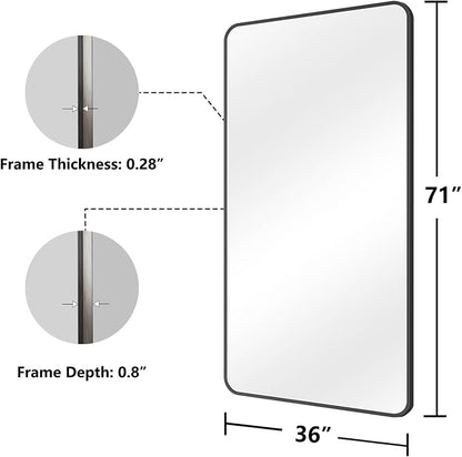 Koonmi Bathroom Mirror, 36X71 Brushed Black Rectangle Wall Mirror, HD Tempered Glass, Anti-Rust Frame Vanity Mirror, Rounded Rectangle Mirror for Restroom, Bedroom, Hangs Horizontal or Vertical
