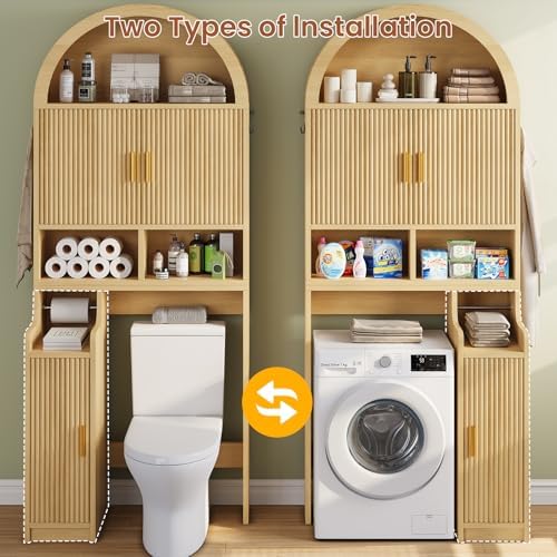 Itaar Arched Over The Toilet Storage Cabinet, 78.7" H Fluted Bathroom Organizer with Reversible Side Cabinet, Adjustable Shelves, Anti-Tipping, Hooks & Paper Holder for Bathroom Laundry Room, Oak