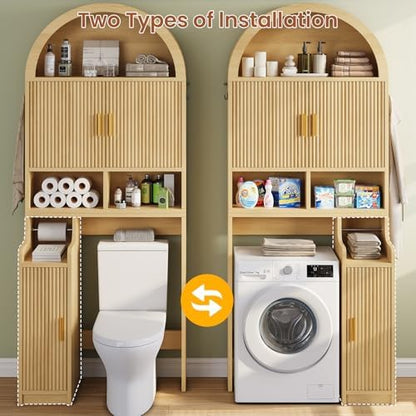 Itaar Arched Over The Toilet Storage Cabinet, 78.7" H Fluted Bathroom Organizer with Reversible Side Cabinet, Adjustable Shelves, Anti-Tipping, Hooks & Paper Holder for Bathroom Laundry Room, Oak