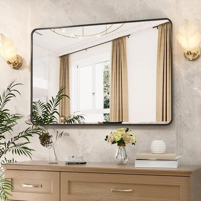 Antok 40x30 Black Metal Framed Bathroom Mirror, Wall Mirror with Round Corners, Vanity Mirror for Over Sink, Anti-Rust Tempered Glass, Horizontal/Vertical Hanging for Bathroom, Living Room, Entryway