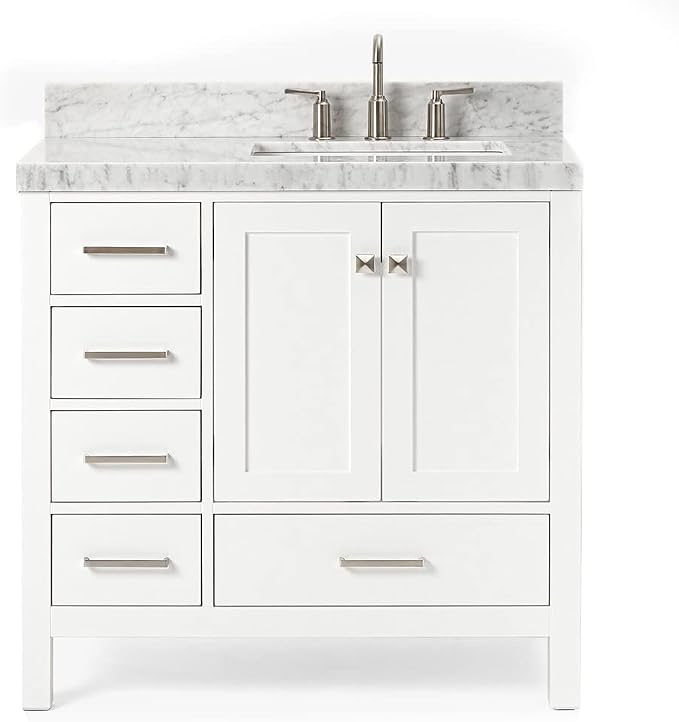 ARIEL Cambridge 36-inch Bathroom Vanity with Sink,Solid Wood, 2-inch Italian Carrara Marble Countertop, Single Rectangular Porcelain Sink, 2 Soft Closing Doors, 5 Dovetail Drawers, White
