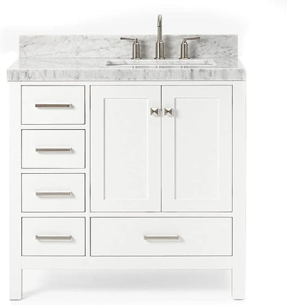 ARIEL Cambridge 36-inch Bathroom Vanity with Sink,Solid Wood, 2-inch Italian Carrara Marble Countertop, Single Rectangular Porcelain Sink, 2 Soft Closing Doors, 5 Dovetail Drawers, White