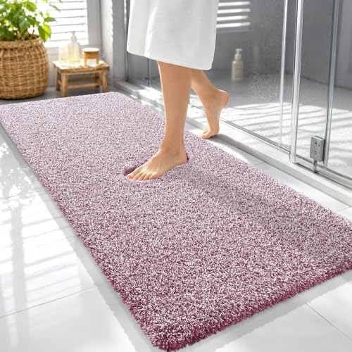 OLANLY Microfiber Bathroom Rugs 59x24, Quick Dry Mat, Burgundy and White