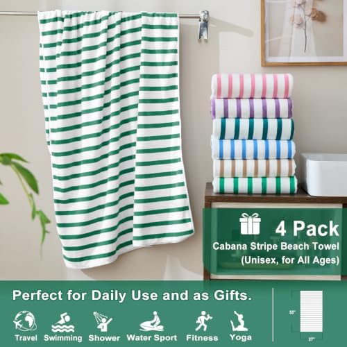 JML Microfiber Beach Towels, 4 Pack, 27" x 55", Cabana Stripe Green