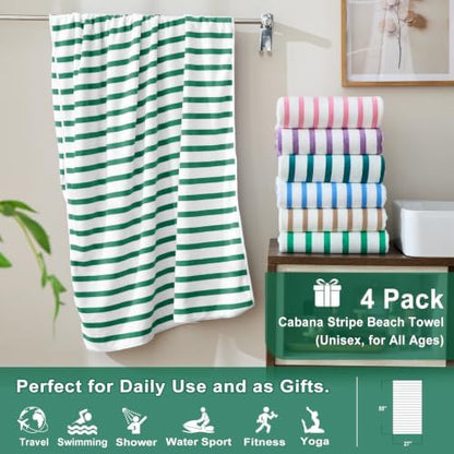 JML Microfiber Beach Towels, 4 Pack, 27" x 55", Cabana Stripe Green