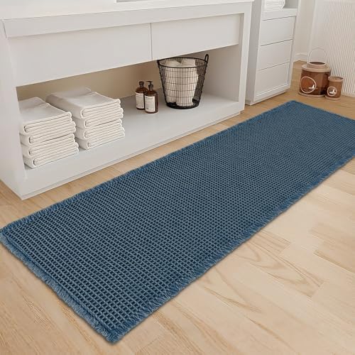 ZALL Dark Blue Waffle Bath Mat,Super Absorbent Non Slip Bathroom Rug, 24x72inch, Machine Washable Ultra Soft Floor Mats