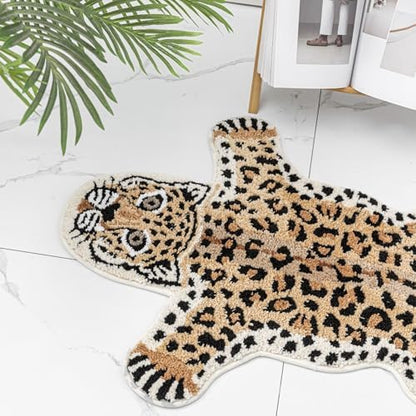 Brown Leopard Bath Mat Non Slip Absorbent Cartoon Rugs 39.3x25.5in