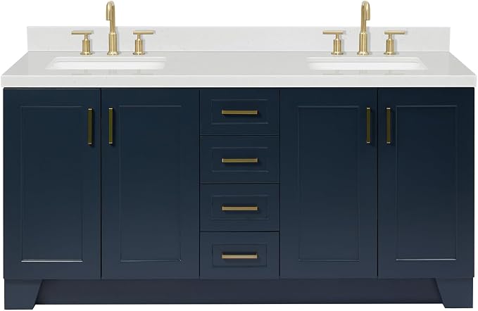 ARIEL Taylor 72-inch Bathroom Vanity with Sink,Solid Wood, 1.5-inch Carrara White Quartz Countertop, Double Rectangular Porcelain Sink, 4 Soft Closing Doors, 6 Dovetail Drawers, Midnight Blue