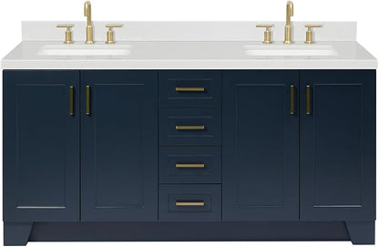 ARIEL Taylor 72-inch Bathroom Vanity with Sink,Solid Wood, 1.5-inch Carrara White Quartz Countertop, Double Rectangular Porcelain Sink, 4 Soft Closing Doors, 6 Dovetail Drawers, Midnight Blue