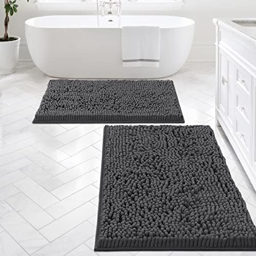 H.VERSAILTEX Bath Mats - Non Slip Luxury Chenille Bathroom Rugs, Extra Soft Absorbent Shaggy, Washable Fast Dry 2 Piece (Grey, 24" x 36"/20" x 32")