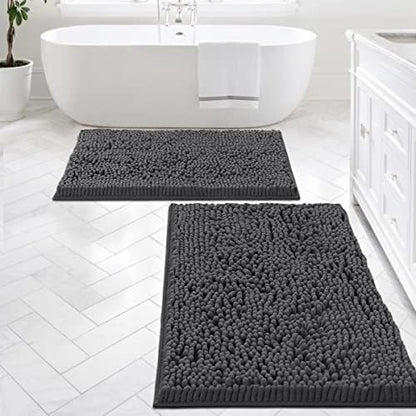 H.VERSAILTEX Bath Mats - Non Slip Luxury Chenille Bathroom Rugs, Extra Soft Absorbent Shaggy, Washable Fast Dry 2 Piece (Grey, 24" x 36"/20" x 32")