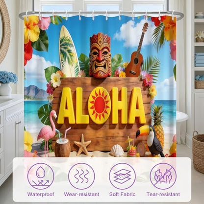 Hawaiian Summer Tropical Shower Curtain Set, Waterproof Shower Curtains for Bathroom with Weighted Hem, Machine Washable Fabric Shower Curtain with 12 Hooks, Colorful Coastal Beach Design, 72"W x 72"L