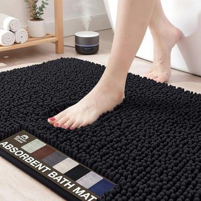 Neater Home Plush Bathroom Rugs 24x17 Thick Chenille Quick Dry Microfiber Absorbent Bath Mat, Soft Bath Rugs, Machine Washable Bathroom Floor Mat for Tub Shower Sink, Home Decor Accessories, Black