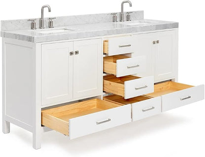 ARIEL Cambridge 72-inch Bathroom Vanity with Sink,Solid Wood, 2-inch Italian Carrara Marble Countertop, Double Rectangular Porcelain Sink, 4 Soft Closing Doors, 6 Dovetail Drawers, White