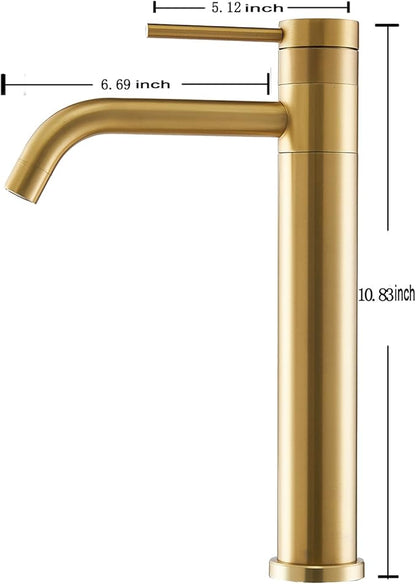 Hotis Gold Vessel Sink Faucet, 360 Swivel Brushed Gold Vessel Faucet, Single Handle Tall Body Farmhouse Vessel Faucet, Bathroom Faucets for Sink 1 Holewith Pop Up Drain