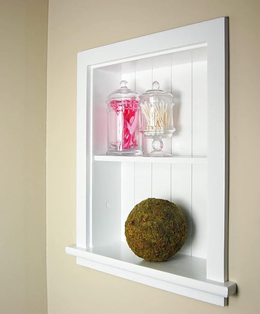 Fox Hollow Furnishings 14x18 Aiden Recessed Wall Niche Medicine Cabinet Replacement, in The Wall Bathroom Cabinet Insert Shelf/Shelves, Made in North America, Real Wood, NO MDF, Beadboard, White