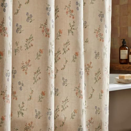 Floral Farmhouse Vintage Linen Shower Curtain 72x72in with 12 Plastic Hooks