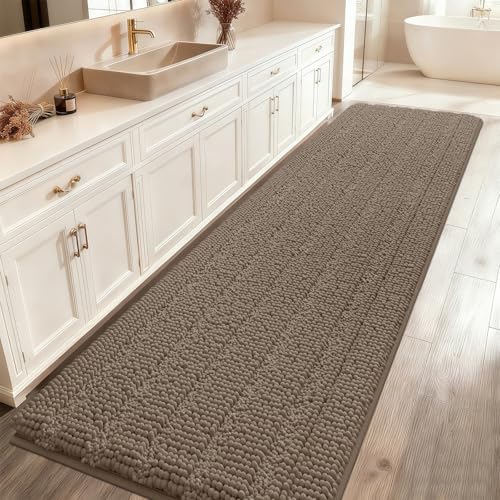 ACCUMTEK Striped Dark Beige Bathroom Rug Mat 48"x17" Ultra Soft, Non Slip Chenille Bath Rugs, Absorbent Plush Shaggy Bath Mats for Bathroom, Bedroom, Kitchen, Shower, Tub,Taupe