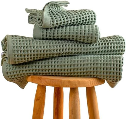 PÜSKÜL Natural 100% Turkish Cotton Waffle Towels Set of 4-Piece, Sage Green