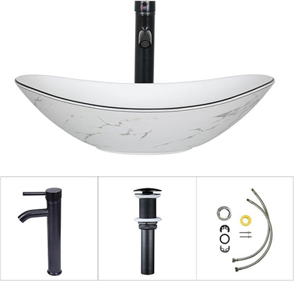 48" White Bathroom Vanity with Marble Texture Top and 4 Drawers, Modern Standing Pedestal Cabinet with Two Boat Ceramic Vessel Sinks