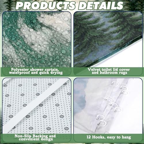 FuWeave 8 Pcs Green Forest Shower Curtain Set for Bathroom Decor Include Nature Misty Mountain Woodland Shower Curtain Towels Non Slip Rugs Toilet Lid Cover Bath Mat and 12 Hooks for Bathroom Decor