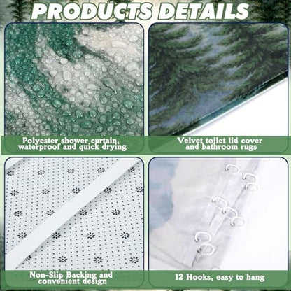 FuWeave 8 Pcs Green Forest Shower Curtain Set for Bathroom Decor Include Nature Misty Mountain Woodland Shower Curtain Towels Non Slip Rugs Toilet Lid Cover Bath Mat and 12 Hooks for Bathroom Decor