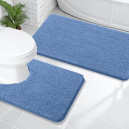 OLANLY Chenille Bathroom Rugs Set 2 Piece, 47"x20"+24"x20", Cornflower Blue