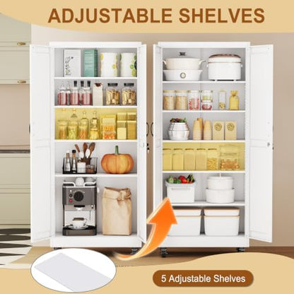 75" Metal Garage Storage Locker Cabinet with Wheels,Rolling White Farmhouse Kitchen Pantry Cabinet with 2 Doors and 5 Adjustable Shelves, Steel File Tool Cabinet for Home Office Warehouse