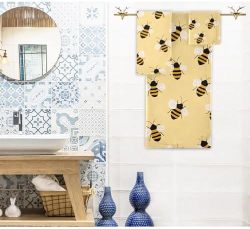 Naanle Retro Little Bee Pattern Soft Set of 3 Towels, 1 Bath Towel+1 Hand Towel+1 Washcloth, Decorative for Bathroom, Hotel, Kitchen, Spa and Beach