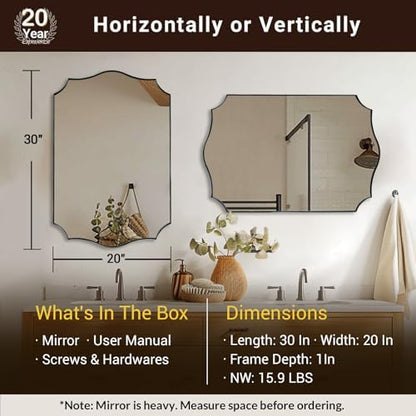 ANDY STAR 20"x30" Brushed Nickel Bathroom Mirror, Scalloped Mirror for Bathroom Vanity, Modern Silver Mirror in Rustproof Stainless Steel Frame, Elegant Curved Scallop Design, Ideal for Home Remodel