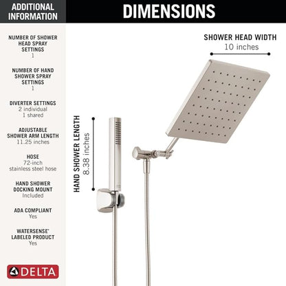 Delta Faucet 10-inch Raincan Shower Head and Hand Held Shower Combo, Brushed Nickel Square Shower Head, Rainfall Shower Head, Hand Shower, 1.75 GPM Flow Rate, Spotshield Brushed Nickel 75527-SN