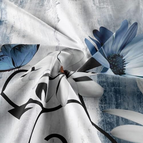 NBVKO 4PCS Rustic Blue Flower Farmhouse Shower Curtain Set,Waterproof Blue Daisy Floral Bathroom Decor Accessory Set