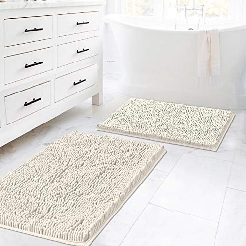H.VERSAILTEX Microfiber Bath Rugs Chenille Floor Mat Ultra Soft Washable Bathroom Dry Fast Water Absorbent Bedroom Area Rugs Indoor Mats for Entryway, Cream 20" x 32"/17" x 24"