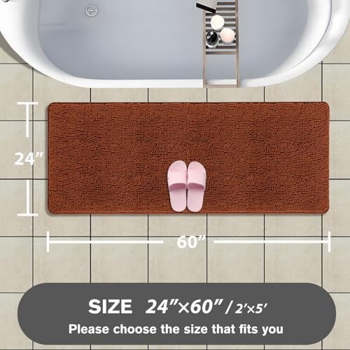 Bathroom Runner Rug 24 x 60 Inch – Extra Large Long Bath Mat | Absorbent and Washable Thick Chenille Bath Rug Non-Slip Runner Rug for Bathroom Floor, Shower, Sink(Rust)