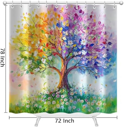 Watercolor Oil Painting Tree Shower Curtains, Colored Seasons Trees Floral Fabric Shower Curtain Set Colorful Abstract Aesthetic Bath Curtain for Bathroom Decor Waterproof Cloth with Hooks 72X78 Inch