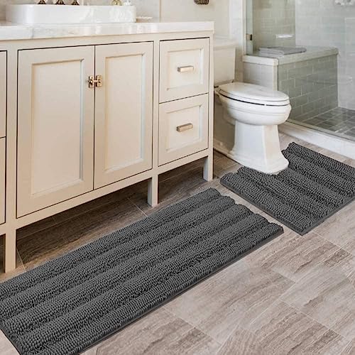 H.VERSAILTEX Bathroom Rugs Bath Rug Set 2 Piece Bathroom Contour Rug Toilet Mat Sets Non Slip Contour Bath Rug Ultra Thick Water Absorbent Striped Bath Mats Washable(47" x 17" Plus 20" x 20" U, Grey)