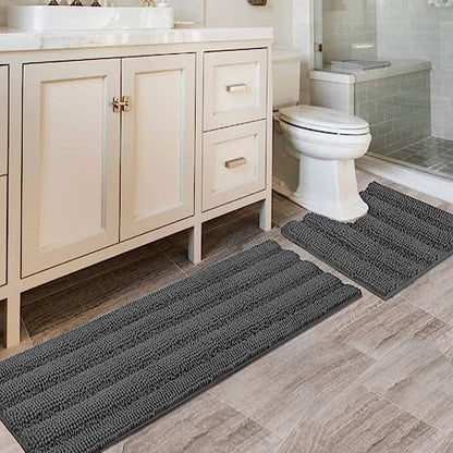 H.VERSAILTEX Bathroom Rugs Bath Rug Set 2 Piece Bathroom Contour Rug Toilet Mat Sets Non Slip Contour Bath Rug Ultra Thick Water Absorbent Striped Bath Mats Washable(47" x 17" Plus 20" x 20" U, Grey)