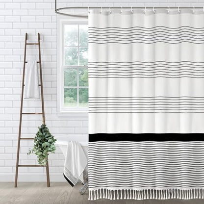 Black Stripe Boho Cotton Striped Shower Curtain with Tassel 72"W X 72"L