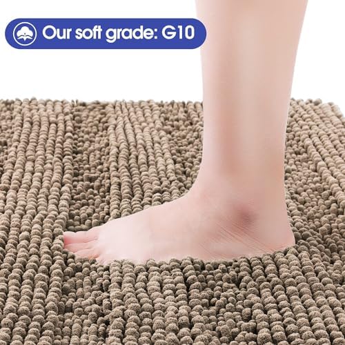 ACCUMTEK Striped Dark Beige Bathroom Rug Mat 44"x24" Ultra Soft, Non Slip Chenille Bath Rugs, Absorbent Plush Shaggy Bath Mats for Bathroom, Bedroom, Kitchen, Shower, Tub,Taupe