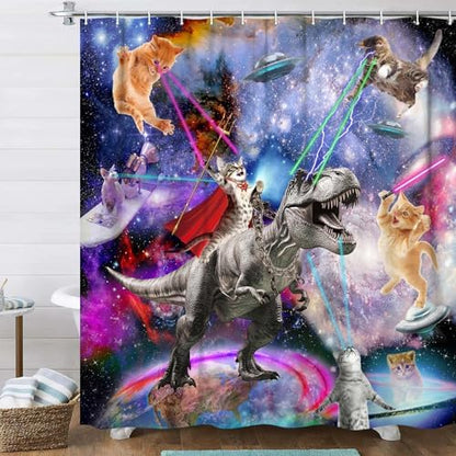 Funny Cat Shower Curtain, Cool Cat Dinosaur Japanese Ocean Wave Shower Curtain, Cat Riding Dinosaur Fun Shower Curtain Nautical Kids Children Rustic Wooden Farmhouse Shower Curtain, 60X70inch, Purple