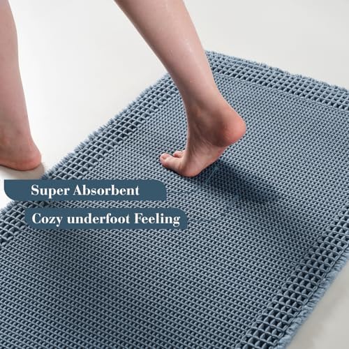 RESARE Waffle Bath Mat for Bathroom, Non Slip Bathroom Rugs 24"x36" Blue