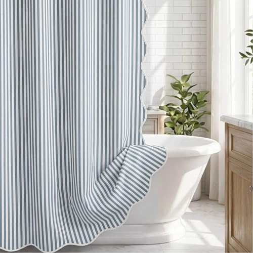 HunnmingRe Dust Blue Farmhouse Striped Shower Curtain Scalloped 72x72''