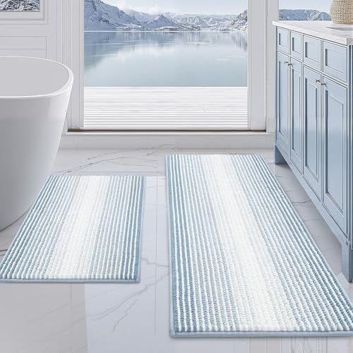BSICPRO Bathroom Rugs Sets 2 Piece, Non Slip Striped Bath Mats, Ice Blue
