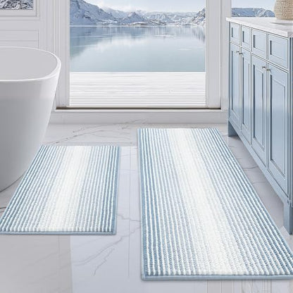BSICPRO Bathroom Rugs Sets 2 Piece, Non Slip Striped Bath Mats, Ice Blue