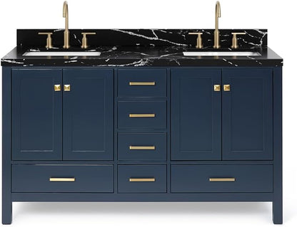 ARIEL Cambridge 60 Inch Double Rectangle Sink Bathroom Vanity with Nero Marquina Black Quartz Countertop 1.5 Inch in Midnight Blue