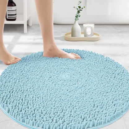 Extra Large Round Area Rug Set for Bathroom 48"x48" Soft Plush Chenille Bath Mat, Water Absorbent Non-Slip Bathroom Rug | Washable Shag Carpet for Shower, Bedroom, or Home Décor | Spa Blue
