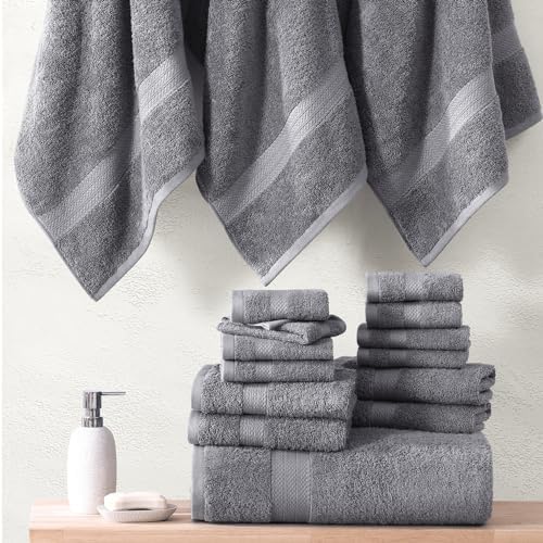 LANE LINEN Towel Set Soft Absorbent Quick Dry 100% Cotton 18 Piece - Grey