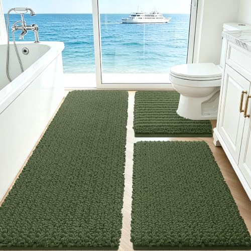 ACCUMTEK Upgrade Extra Large Oliver Green Bathroom Rug Set 3 Pieces Ultra Soft, Thick Absorbent Bath Mats, Non Slip Chenille Toilet Mat for Bathroom, Bedroom, Kitchen