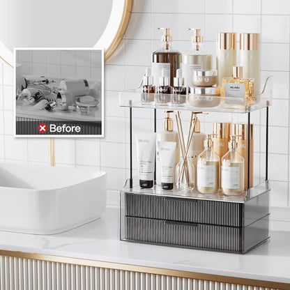 Delamu 4-Tier Makeup Organizer, Bathroom Counter Storage, 2 Drawers,Black